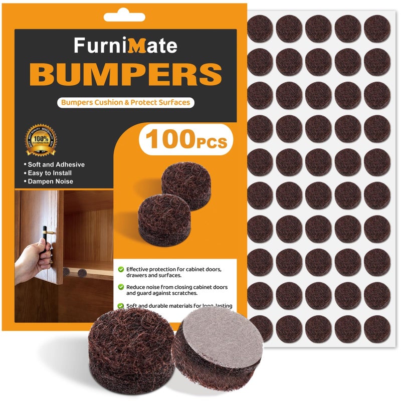 FURNIMATE مخمدات أبواب الخزائن من الفelt - وسادات صغيرة للخزائن، 3/8" قطر 100 قطعة، 5 مم سمك ذاتية اللصق بني - Image 1